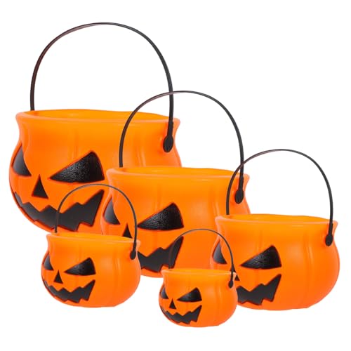 GETAJGHSD 5St Kürbis Eimer Plüsch kreativer Süßigkeiteneimer Kürbiseimer mit Griffen Deckel Halloween Party Deko Geschenkverpackung Party-Süßigkeiten-Eimer Süßigkeitenhalter Abs Orange von GETAJGHSD