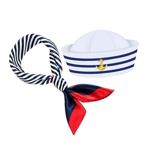 GETAJGHSD Satz Matrosenhut-Set Kapitänsmütze nautischer Hut Matrosen-Outfit Matrosenmütze Zubehör für Yachtpartys Matrosenschal Marine-Mütze Matrosenschiffe Mütze Matrosenkleid Polyester von GETAJGHSD