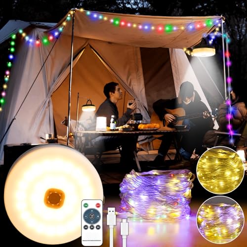 20m Solar Camping Lichterkette Aufrollbar, Campinglampe mit Fernbedienung, Warmweiß+RGB Camping Lichterkette,Solar&USB Aufladung von GEYUEYA Home