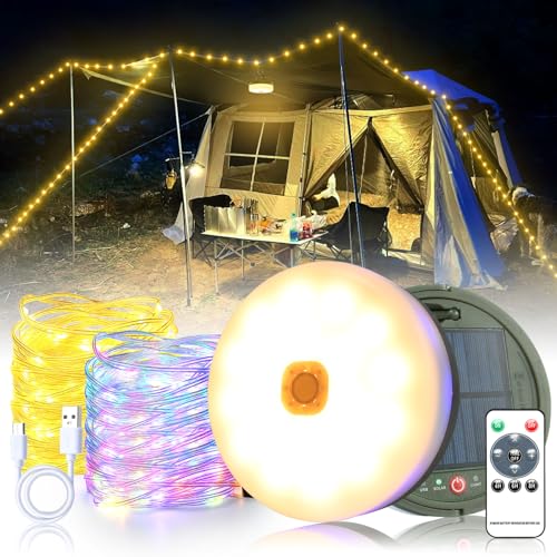 Camping Lichterkette Aufrollbar,10M Solar Camping Lichterkette Außen,Wiederaufladbar über USB,IP65 Wasserdichte Camping Lichterkette,Tragbare Campinglampe für Camping,Garten, Wandern,Warmweiß + bunt von GEYUEYA Home