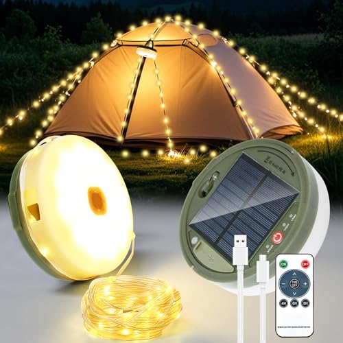 GEYUEYA Home 20m Camping Lichterkette, Camping Lichterkette Aufrollbar Solar, Campinglampe Warmweiß, Solar Camping Lichterkette mit Fernbedienung, Solar&USB Aufladung von GEYUEYA Home