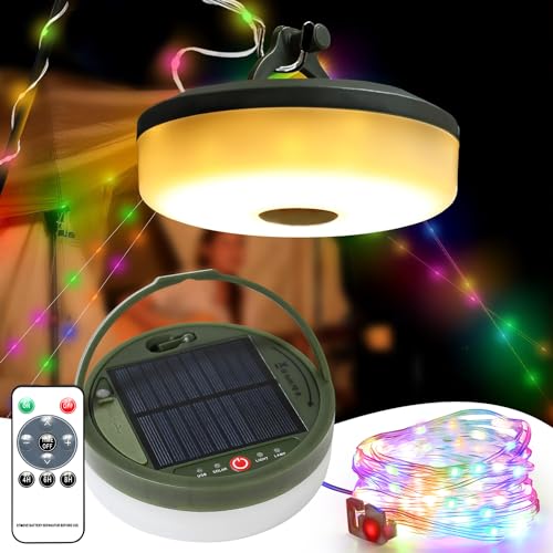 Solar Camping Lichterkette Aufrollbar-Solar und USB Ladung Campinglampe mit Lichterkette Außen 10m, Wasserdichte Tragbare CampingLight Lichterkette, 8 Modi Campinglampe für Camping Garten Deko von GEYUEYA Home