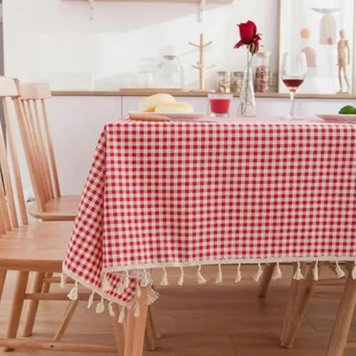 60~250cm Rot Karierte Tischdecke mit Streifenmuster und Quaste, Vintage Rechteckige Staubdichte Tischdecke für Picknick-Grill-Heimdekor-Rot kariert-60X60cm von GFFJHGGD