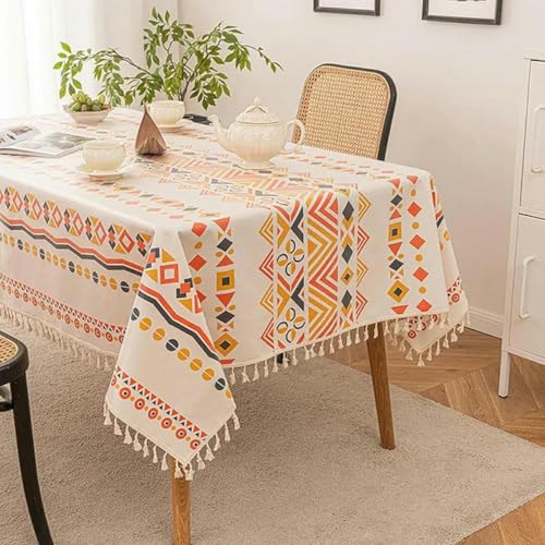 90～300cm Boho-Tischdecke für rechteckigen Tisch, rustikale Tischdecke aus Baumwolle mit geometrischem Aufdruck und Streifenmuster mit Quasten, Esstischdecke, Heimdekoration-A-140x200cm von GFFJHGGD