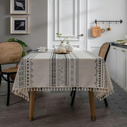 90～300cm Boho-Tischdecke für rechteckigen Tisch, rustikale Tischdecke aus Baumwolle mit geometrischem Aufdruck und Streifenmuster mit Quasten, Esstischdecke, Heimdekoration-D-140x220cm von GFFJHGGD