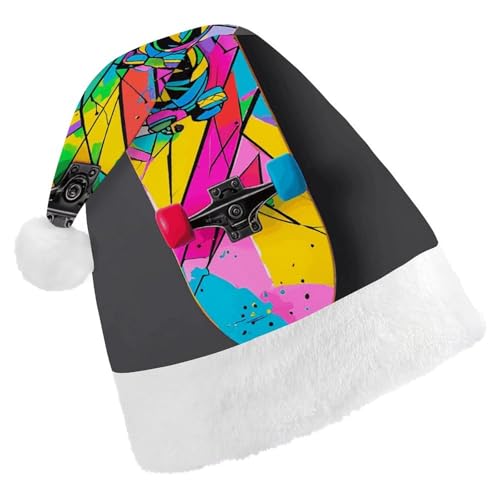 GFLFMXZW Buntes Skateboard-Poster, Weihnachtsmützen für Erwachsene, Plüsch-Weihnachtsmannmütze, Urlaub, Unisex, Weihnachtsmütze für Silvester, Party, Kopfbedeckung von GFLFMXZW