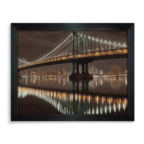 New York Manhattan Bridge Night Diamond Painting Kits für Erwachsene, Vollbohrer, Diamant-Punkte, Gemälde mit Rahmen, runde 5D-Farbe mit Diamanten, Bilder, Kunstmalerei-Kits, DIY-Handwerk für von GFLFMXZW