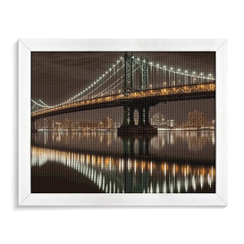 New York Manhattan Bridge Night Diamond Painting Kits für Erwachsene, Vollbohrer, Diamant-Punkte, Gemälde mit Rahmen, runde 5D-Farbe mit Diamanten, Bilder, Kunstmalerei-Kits, DIY-Handwerk für von GFLFMXZW