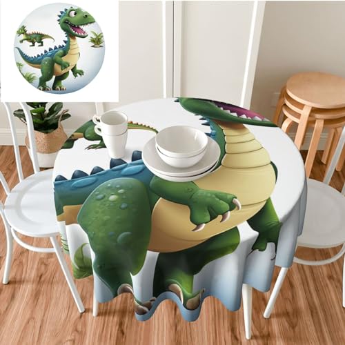 Tischdecke, rund, 152,4 cm, Cartoon-Dinosaurier-Bilder, waschbar, knitterfrei, Tischdecken für Küchentisch, dekorativer Stoff, wasserdichte Tischdecken für Camping, Picknick von GFLFMXZW