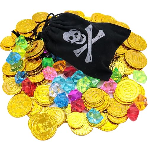 GFTCGK 100 Stück Goldmünzen Piratenschatz , 50 Stücke Goldmünzen und 50 Stücke Edelsteine, Piratenparty Schatzsuche Spielzeug, für Piraten Deko, Schatzkiste Kindergeburtstag von GFTCGK