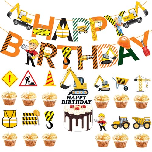 Bagger Geburtstag Deko Set, Tortendeko Baustelle, Straßenschild Baufahrzeug Cupcake Topper, LKW Bagger Tortendeko, Baustellenfahrzeuge Verkehrsschilder Kinder, Kuchen Party Dekoration Zubehör von GFTCGK