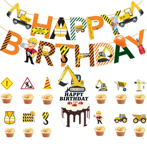 Bagger Geburtstag Deko Set, Tortendeko Baustelle, Straßenschild Baufahrzeug Cupcake Topper, LKW Bagger Tortendeko, Baustellenfahrzeuge Verkehrsschilder Kinder, Kuchen Party Dekoration Zubehör von GFTCGK