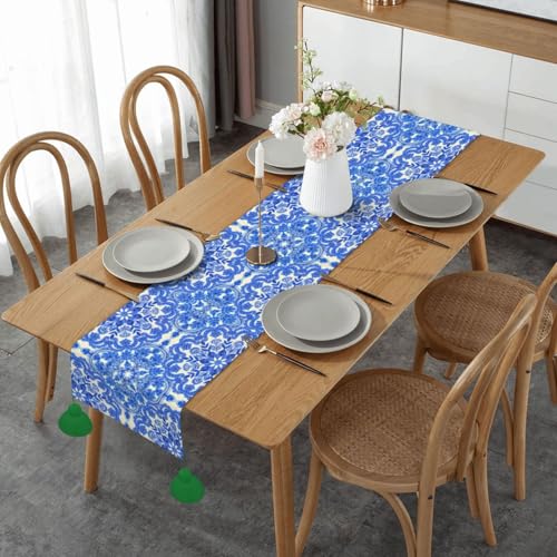 Blauer Volkskunstdruck, Bauernhaus-Tischdecke für Zuhause, Küche, Esszimmer, Partys, Familienessen, Hochzeit, Erntedankfest, Weihnachten, 35,6 x 152,4 cm von GFYHTN