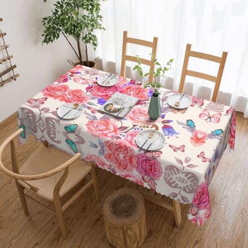 GGDCRFF Tischdecke mit Blumen- und Rosen- und Schmetterlings-Druck, für Innen- und Außenbereich, dekorativ und funktional, perfekt für Cafés, Abendessen, Picknicks und mehr von GGDCRFF