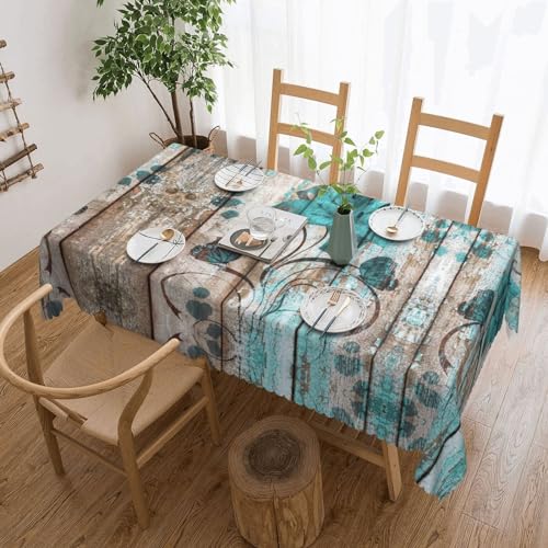 GGDCRFF Tischdecke mit blaugrünen Blumen auf Holzdielen, für den Innen- und Außenbereich, dekorativ und funktional, perfekt für Cafés, Abendessen, Picknicks und mehr von GGDCRFF