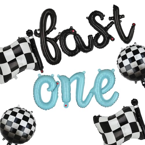 Fast One Racing Vintage Retro Auto Thema Geburtstagsfeier Fast One Letter Banner Ballon Karierte Flagge Luftballons Baby Junge 1. Rennen Vintage Rennwagen Rennthema Geburtstag Party Dekor Schwarz Blau von GGDE