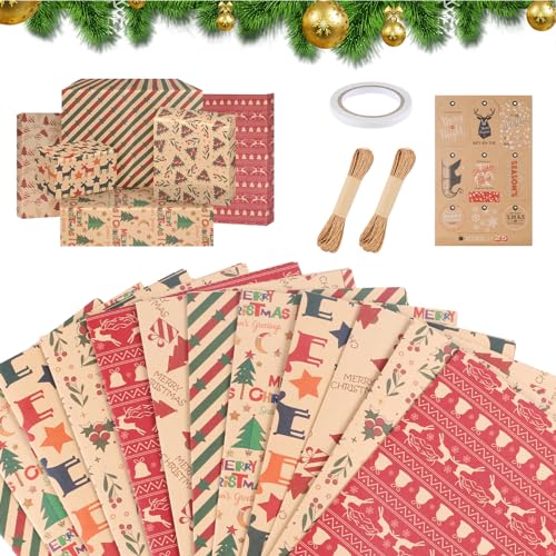 GGISUI Geschenkpapier Weihnachten, 12 Blatt Kraft Geschenkpapier Weihnachtsgeschenkpapier mit Juteschnüren und Weihnachtskarten Anhängern Geschenkverpackung für Weihnachten Geschenke, 50 x 70 cm von GGISUI