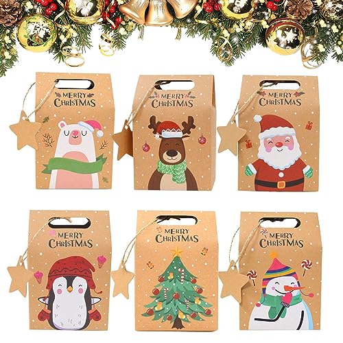 GGISUI Geschenktüten Weihnachten, 24 Stücke Kraftpapier Weihnachtstüten Plätzchentüten Papiertüten Weihnachten mit Griff für Schokolade Süßigkeiten Kekstüten Geschenken Geschenkbox von GGISUI