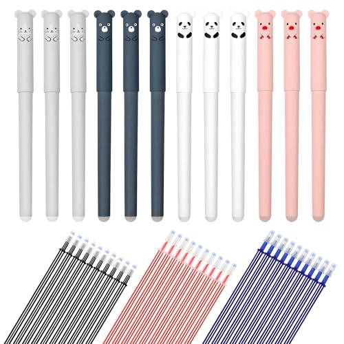 GGTTNRT 12 StüCk Radierbarer Kugelschreiber mit 30 Nachfüllungen Tintenroller Radierbar 0.5mm Radierbare Stifte Cartoon Erasable Pen Set für Studenten Schul Bürobedarf von GGTTNRT