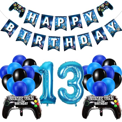 GGTTNRT 13. Geburtstag Jungen Gamer Thema Deko Happy Birthday Banner, Deko 13 Geburtstag Teenager Junge, Zahlen 13 Folienballon, für Deko Geburtstag Junge (Blaues Spielthema) von GGTTNRT