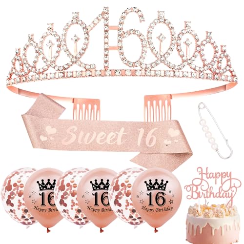 GGTTNRT 16 Geburtstag Mädchen 16 Geburtstag Deko Rose Gold Luftballons Schärpe Tiara Cake Topper, Sweet 16 Deko von GGTTNRT