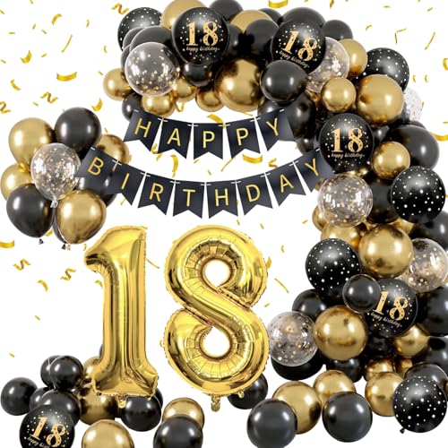 GGTTNRT 18 Geburtstag Deko, Happy Birthday Girlande Ballon, Deko 18. Geburtstag Junge Mädchen, Schwarz Gold Deko Konfetti Luftballons, Deko Zum 18 Geburtstag(Schwarz gold-B) von GGTTNRT