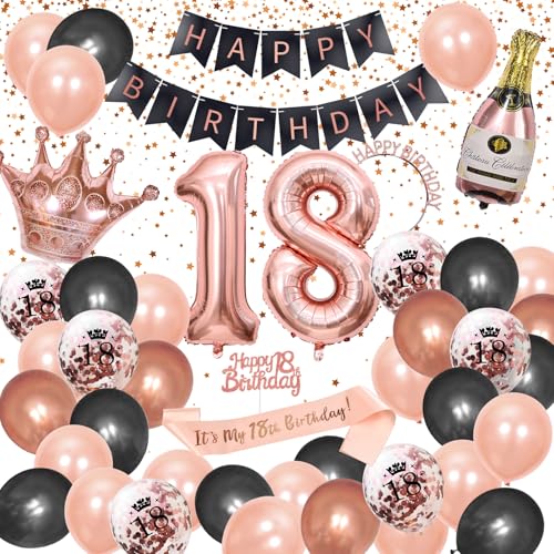 GGTTNRT 18.Geburtstag Mädchen Deko, Rose gold Schwarz Geburtstag Deko Set Happy Birthday Banner 18th Ballons Konfetti Luftballon, für 18 Geburtstag Mädchen (Rosé gold) von GGTTNRT