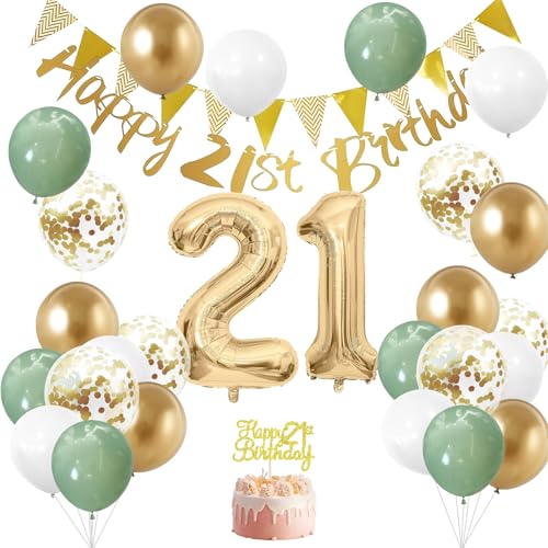 GGTTNRT 21 Geburtstag Deko Grün Weiß Gold Party Ballons Happy 21st Birthday Banner Tortendeko Zahl 21 Folienballon, 21 Geburtstag Geburtstagsdeko (Grünes Gold) von GGTTNRT