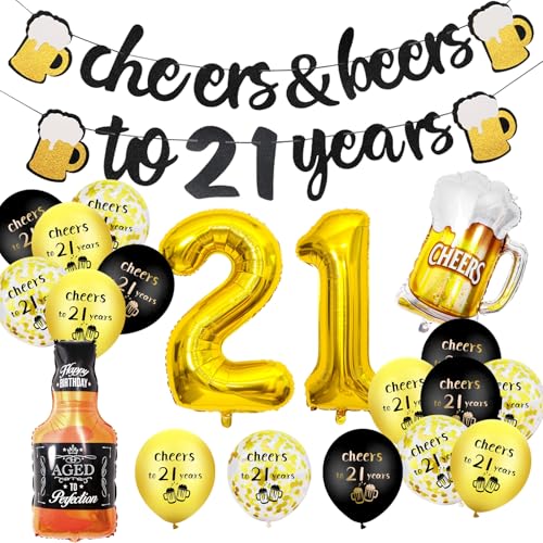 GGTTNRT 21 Geburtstag Deko Nummer 21 Folienballons Jubel Banner Schwarz Gold Luftballons Konfetti Luftballons Geburtstagsdeko für 21Jahre Mann Frauen (Cheer Theme) von GGTTNRT