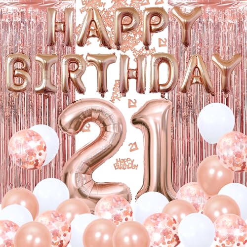 GGTTNRT 21 Geburtstag Deko Roségold Konfetti Luftballons Happy Birthday Banner Deko Fransenvorhänge, Geburtstagsdeko 21 Jahr (Rosé gold) von GGTTNRT