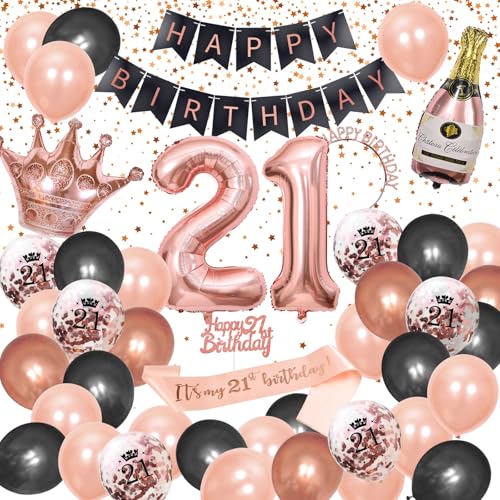 GGTTNRT 21 Geburtstag Geburtstagsdeko Mädchen, Happy Birthday Banner Roségold Schwarz Deko Girlande Konfetti Luftballon 21st Ballons 21 Geburtstag Deko Party Supplies (Rose Gold Schwarz) von GGTTNRT