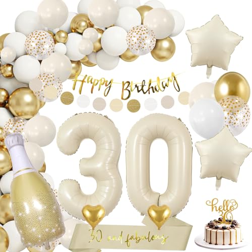 GGTTNRT 30 Geburtstag Deko Für Frauen Männer Beige Gold 30. Geburtstag Deko Happy Birthday Girlande 30. Geburtstag Luftballons (Cremeweiß) von GGTTNRT