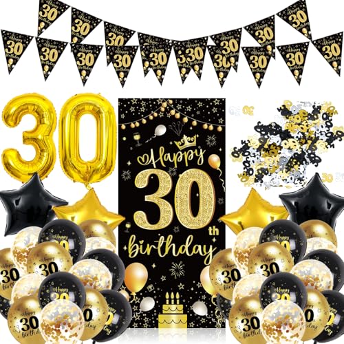 GGTTNRT 30 Geburtstag Deko Mit 30 Geburtstag Banner 30 Geburtstag Männer Deko Deko 30 Geburtstag Frau Schwarz Gold Luftballons Hintergrund Birthday Decorations (Schwarzes Gold-A) von GGTTNRT