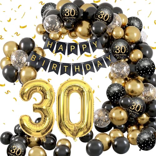 GGTTNRT 30 Geburtstag Männer Schwarz Gold Luftballons Geburtstagsdeko Mit Happy Birthday Banner Nummer 30 Luftballon Geburtstag Luftballon Girlande Birthday Party Decorations (Schwarz gold-B) von GGTTNRT