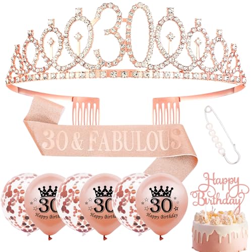 GGTTNRT 30. Geburtstag Deko Rose Gold Schärpe Und Tiara Luftballons Cake Topper Deko 30 Geburtstag Frau von GGTTNRT