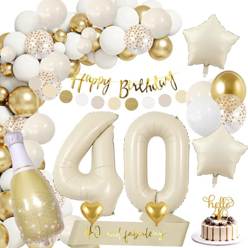 GGTTNRT 40 Geburtstag Deko Cremiges Weiß Gold Luftballons Happy Birthday Banner Deko 40 Geburtstag Frau Mann Geburtstagsdeko (Cremeweiß) von GGTTNRT