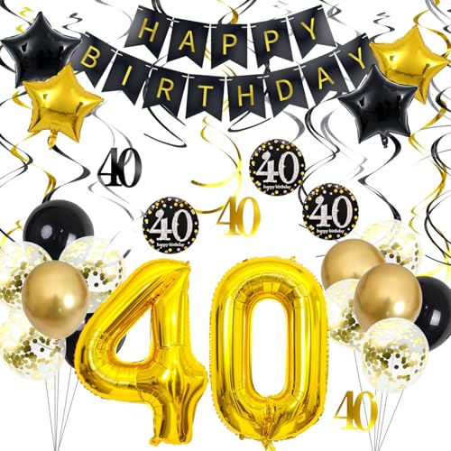 GGTTNRT 40 Geburtstag Deko Schwarz Gold Happy Birthday Banner Luftballons Hängende Strudel 40. Geburtstag Männer Frauen Geburtstagsdeko (Schwarz gold-B) von GGTTNRT