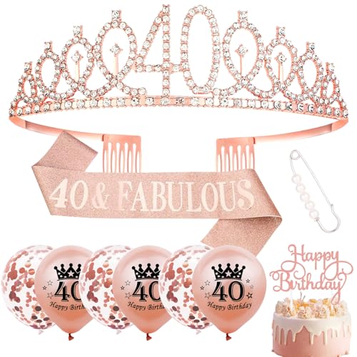 GGTTNRT 40 Geburtstag Frauen Deko, Rose Gold Schärpe und Tiara Luftballons Cake Topper Deko 40. Geburtstag Frauen von GGTTNRT