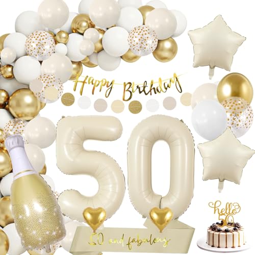 GGTTNRT 50 Geburtstag Deko Creme Gold Luftballons 50. Geburtstag Mit Happy Birthday Girlande Deko 50. Geburtstag Mann Frau(Creme Weiß) von GGTTNRT