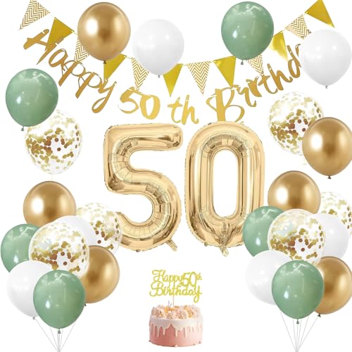 GGTTNRT 50 Geburtstag Deko Salbei Grün Weißgold Luftballon Mit Happy 50th Birthday Banner 50. Geburtstag Mann Frau Geburtstag Dekorationen(Grün Gold) von GGTTNRT