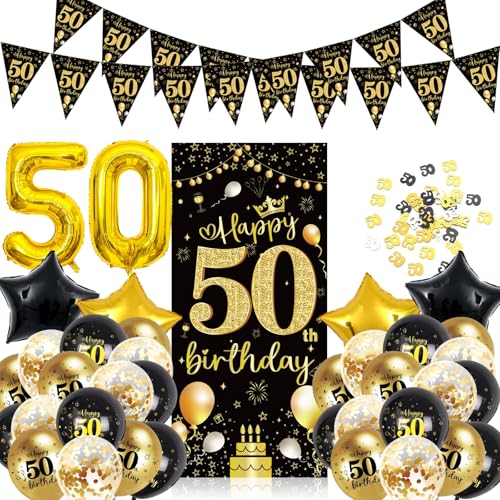 GGTTNRT 50 Geburtstag Deko Schwarz Gold 50. Geburtstag Deko Banner Hintergrund Geburtstagsdeko Luftballons (Schwarzes Gold) von GGTTNRT