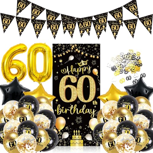 GGTTNRT 60 Geburtstag Deko Schwarz Gold Luftballons 60th Banner Hintergrund Deko Zum 60 Geburtstag 60 Geburtstag Frau Mann (Schwarz Gold) von GGTTNRT