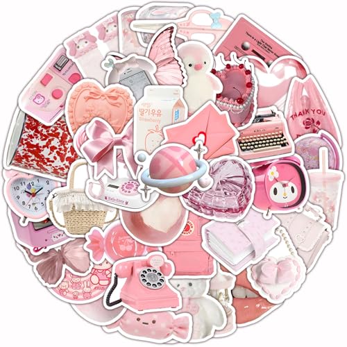 GGTTNRT 60 Stück Süßes Rosa Sticker Aesthetic Laptop Scrapbook Stickers Set, Aufkleber Wasserfest Diy Basteln Deko, Kawaii Sticker für Mädchen (60pcs Cartoon Rosa) von GGTTNRT