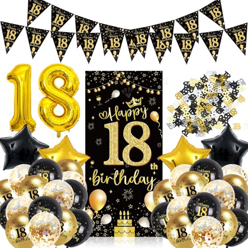 GGTTNRT Deko 18. Geburtstag Junge und Mädchen 18 Birthday Banner 18 Geburtstag Deko 18 Folienballon Zahl Schwarz Gold Luftballon Geburtstagsdeko (Schwarz Gold-A) von GGTTNRT