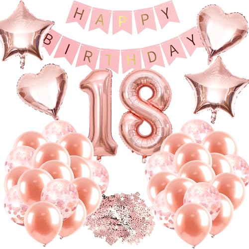 GGTTNRT Deko 18. Geburtstag Mädchen Rose Gold Star Heart 18 Geburtstag Deko Set, Happy Birthday Banner Confetti Balloon, 18 Geburtstag Party Deko Supplies (Rosa) von GGTTNRT