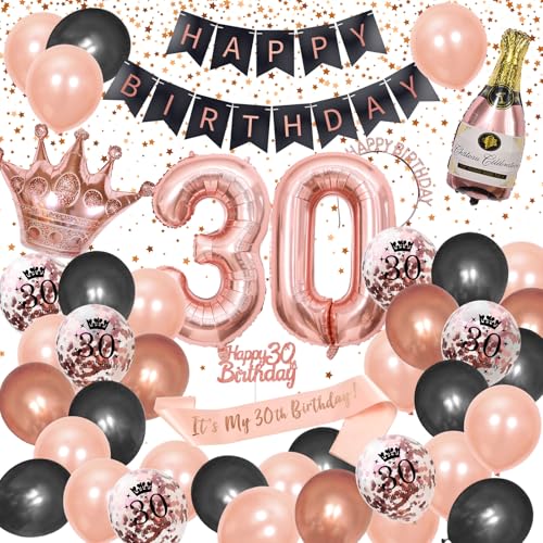 GGTTNRT Deko 30 Geburtstag Frau Rosegold Schwarz Konfetti Luftballons Birthday Decorations Happy Birthday Banner Girlande Party Deko Supplies (Rosé gold) von GGTTNRT