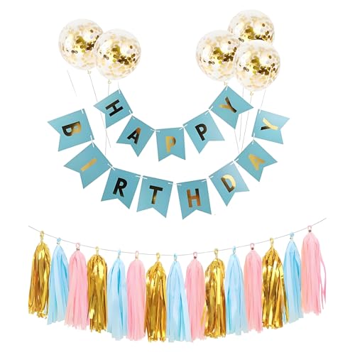 GGTTNRT Happy Birthday Girlande Mit 5 Goldenen Latexballons und Tassels Geburtstagsdeko Geburtstagsgirlande Partydeko Geburtstag (Blau) von GGTTNRT