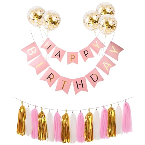 GGTTNRT Happy Birthday Girlande Mit 5 Goldenen Latexballons und Tassels Geburtstagsdeko Geburtstagsgirlande Partydeko Geburtstag (Rosa) von GGTTNRT