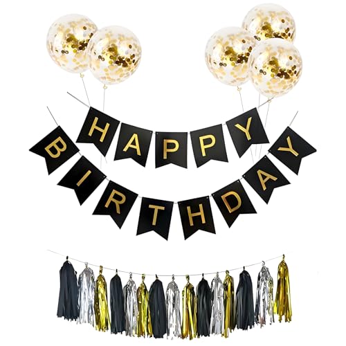 GGTTNRT Happy Birthday Girlande Mit 5 Goldenen Latexballons und Tassels Geburtstagsdeko Geburtstagsgirlande Partydeko Geburtstag (Schwarz) von GGTTNRT