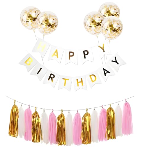 GGTTNRT Happy Birthday Girlande Mit 5 Goldenen Latexballons und Tassels Geburtstagsdeko Geburtstagsgirlande Partydeko Geburtstag (Weiß) von GGTTNRT